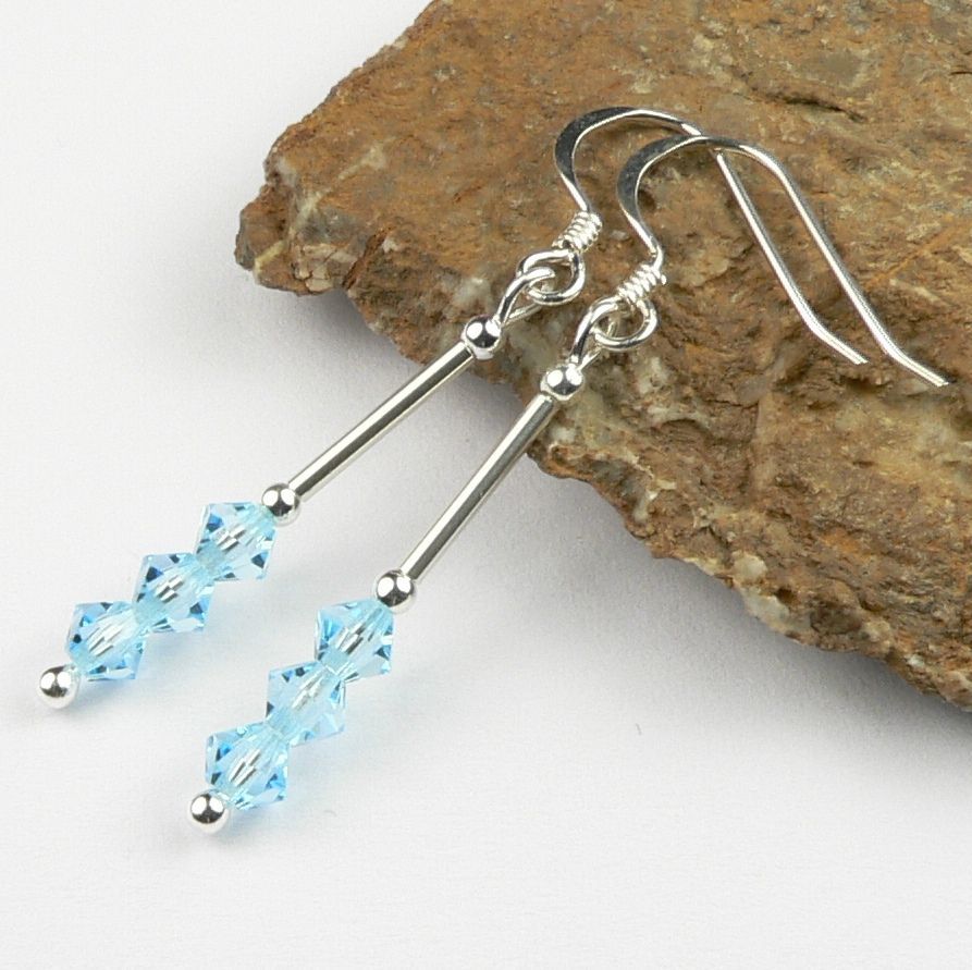 Sterling silver bicone Preciosa crystal earrings, in a gift box - glass beads 4mm (+/-) in Aqua