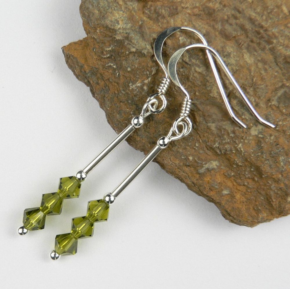 Sterling silver bicone Preciosa crystal earrings, in a gift box - glass beads 4mm (+/-) in Olivine