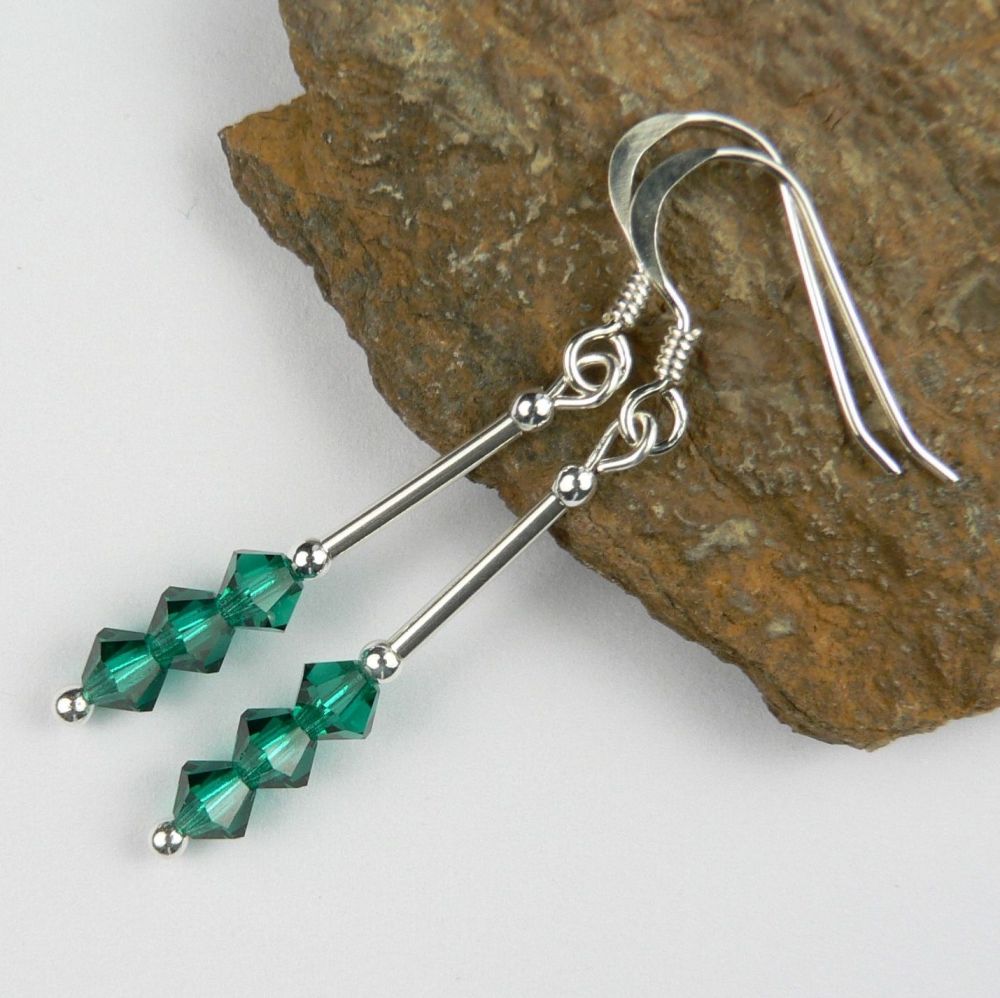 Sterling silver bicone Preciosa crystal earrings, in a gift box - glass beads 4mm (+/-) in Emerald