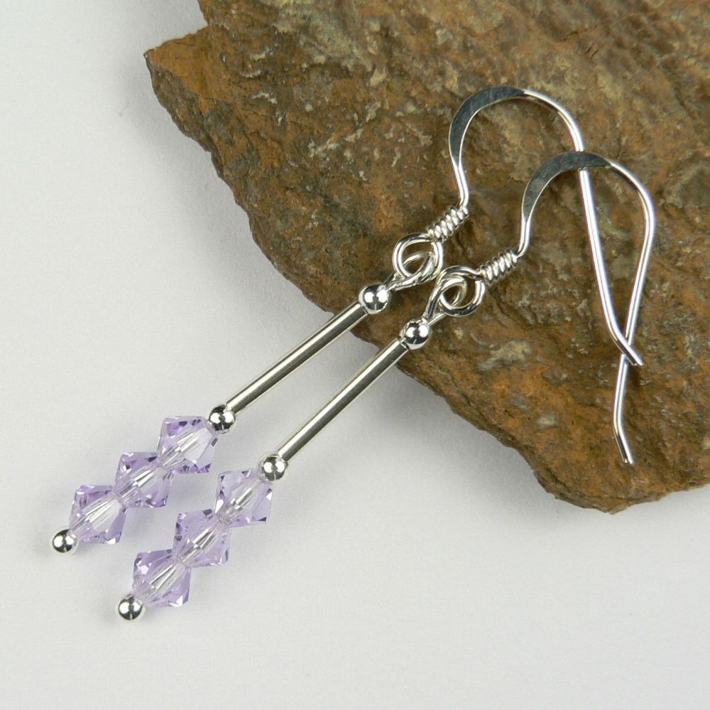 Sterling silver bicone Preciosa crystal earrings, in a gift box - glass beads 4mm (+/-) in Violet