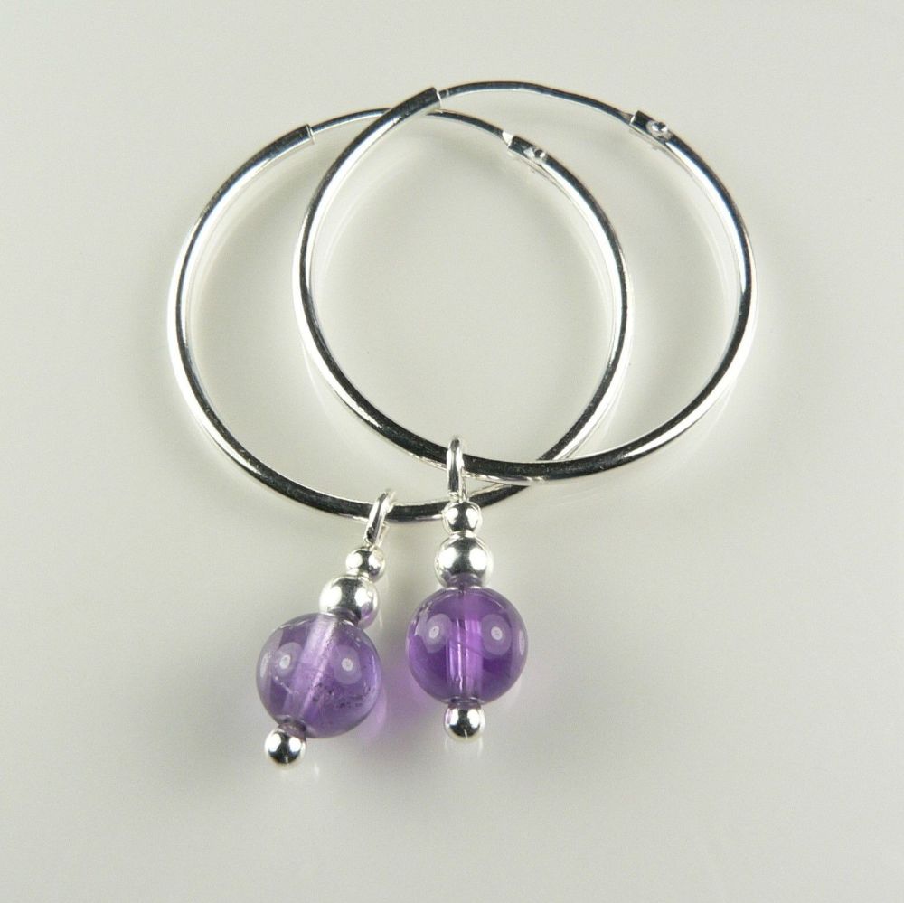 Sterling silver & 6mm (+/-) Amethyst semi-precious stone earrings, on either hoop or kidney wires, in a gift box