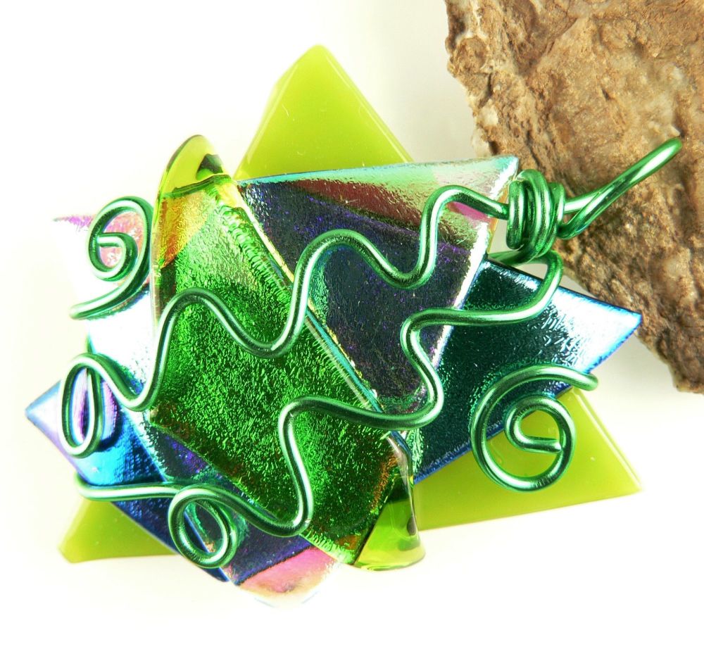 green wire wrapped dichroic glass pendant