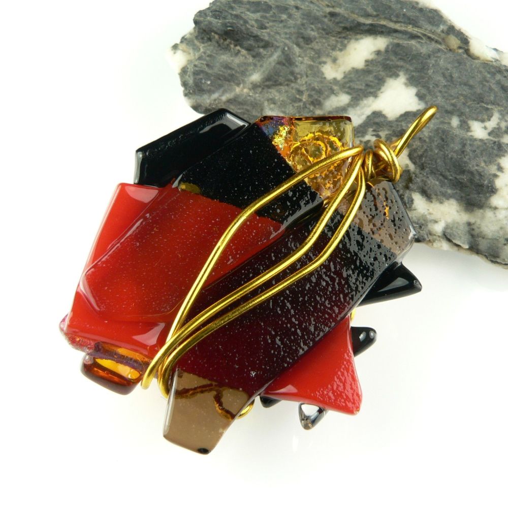 5.1cm textured & wire wrapped Dichroic glass pendant, with leather cord & gift box (#30441)