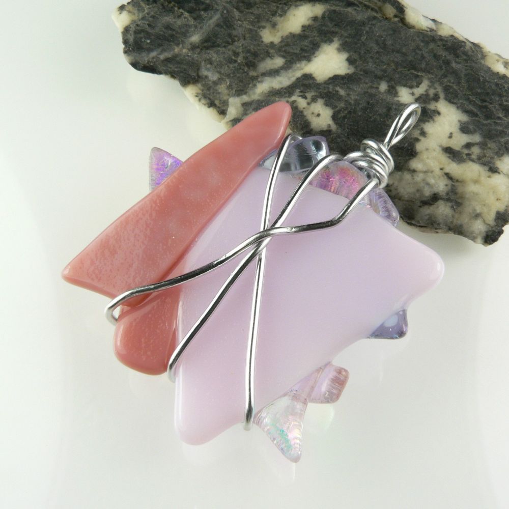 4.7cm pale pink textured & wire wrapped Dichroic glass pendant, with leather cord & gift box (#30531)