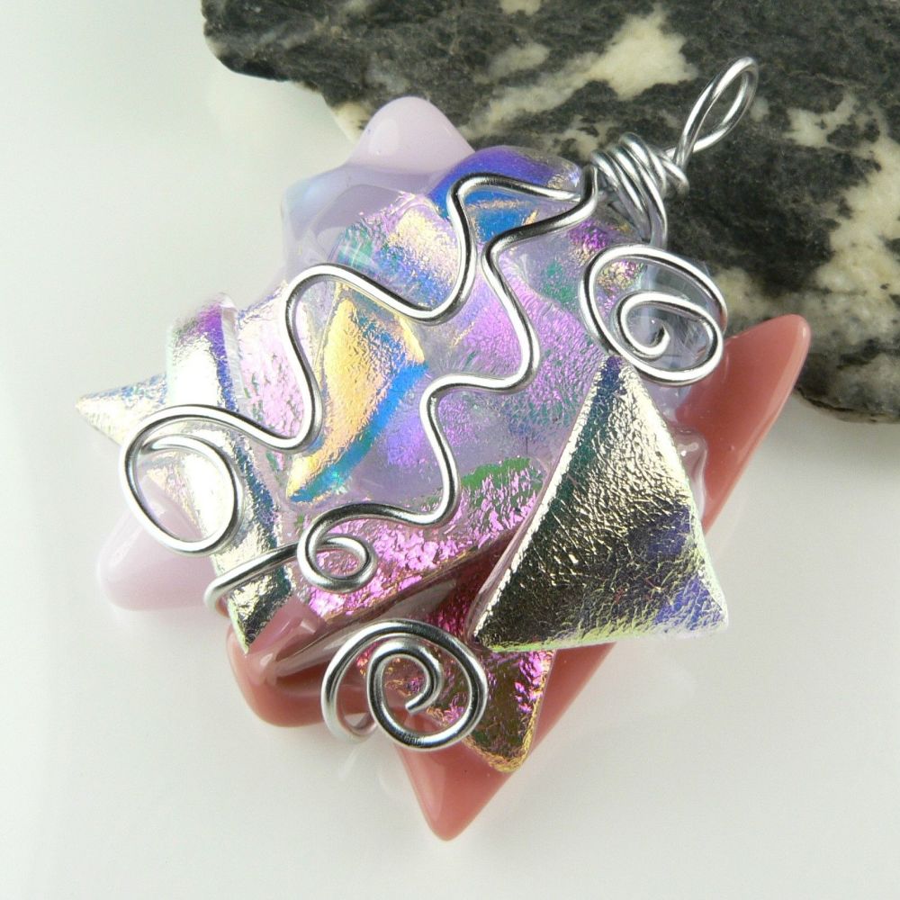 4.7cm pale pink textured & wire wrapped Dichroic glass pendant, with leather cord & gift box (#30531)