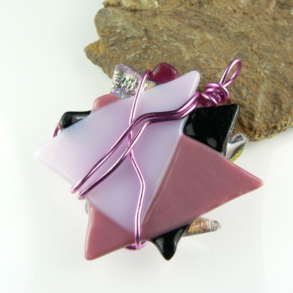 4.7cm pink textured & wired Dichroic glass pendant, with leather cord & gift box (#30016)