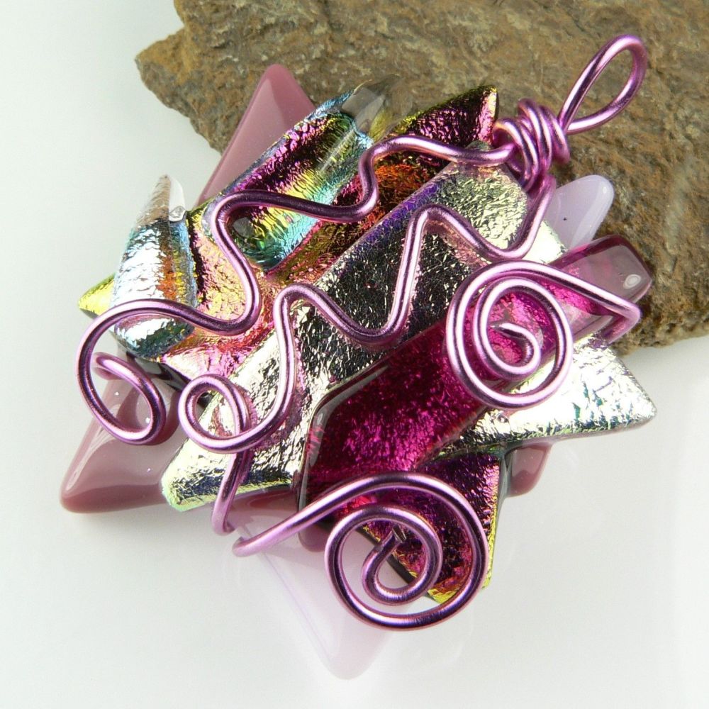 pink wire wrapped and textured dichroic glass pendant