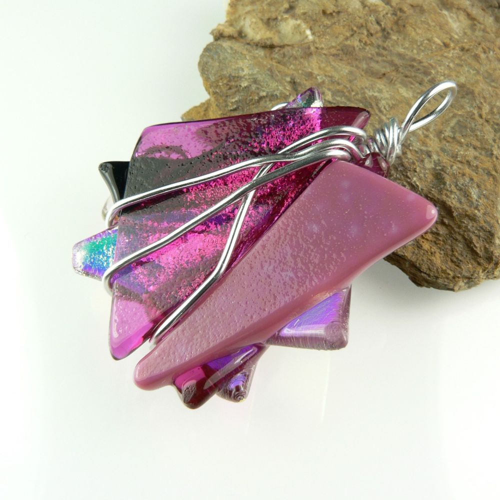 4.6cm pink textured & wire wrapped Dichroic glass pendant, with leather cord & gift box (#30071)