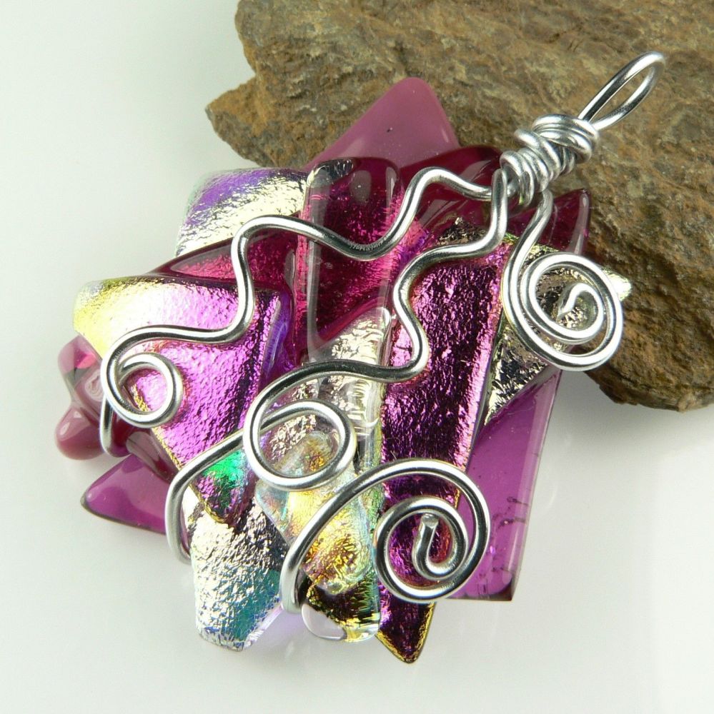 4.6cm pink textured & wire wrapped Dichroic glass pendant, with leather cord & gift box (#30071)