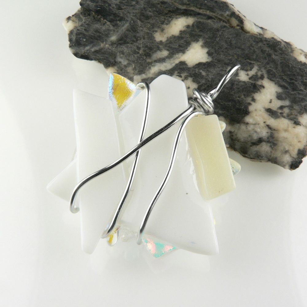 4.6cm white-ish/pale textured & wired Dichroic glass pendant, with leather cord & gift box (#30565)