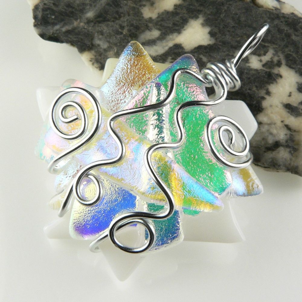 4.6cm white-ish/pale textured & wired Dichroic glass pendant, with leather cord & gift box (#30565)