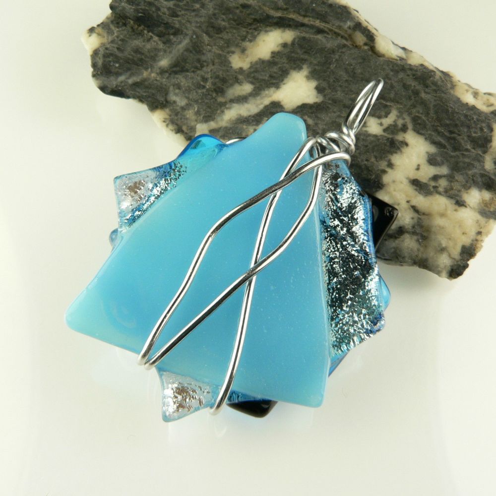 4.7cm blue wire wrapped & textured genuine Dichroic glass pendant, with leather cord & gift box (#30347)