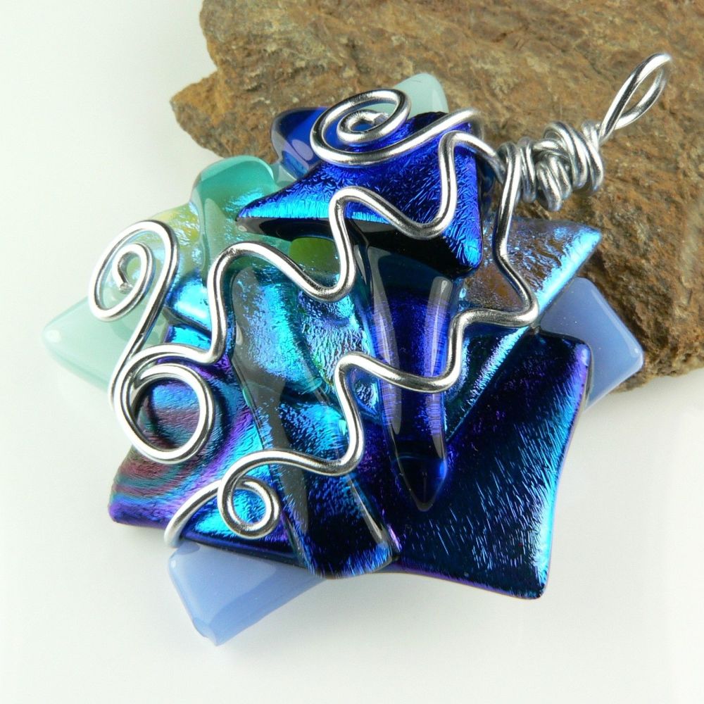 4.7cm blue textured & wired Dichroic glass pendant, with leather cord & gift box (#30575)