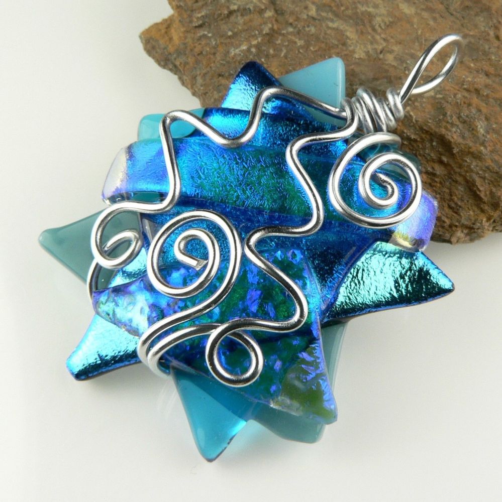 4.6cm textured & wire wrapped blue Dichroic glass pendant, with leather cord & gift box (#30578)