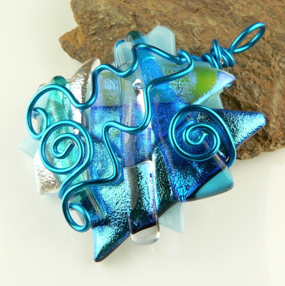 4.6cm blue textured & wire wrapped Dichroic glass pendant, with leather cord & gift box (#30126)