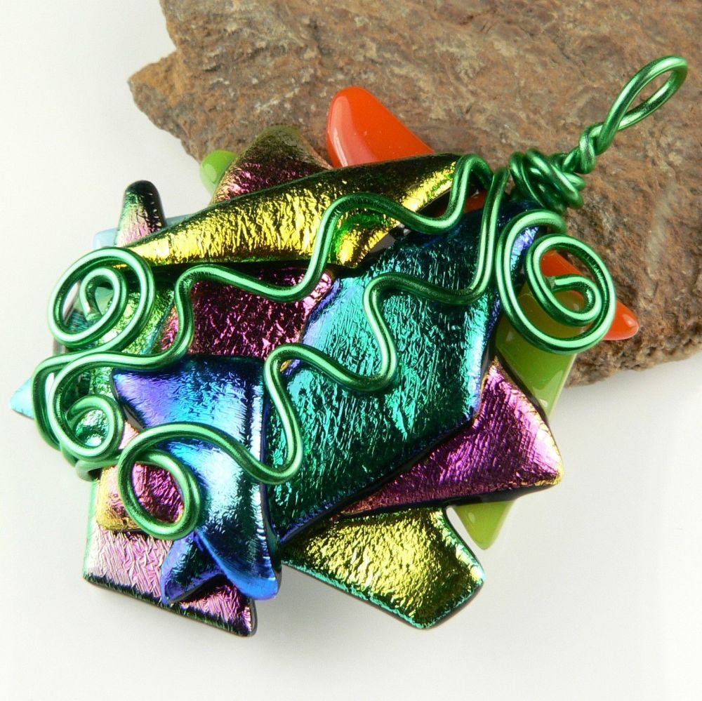 multi-coloured wired dichroic glass pendant