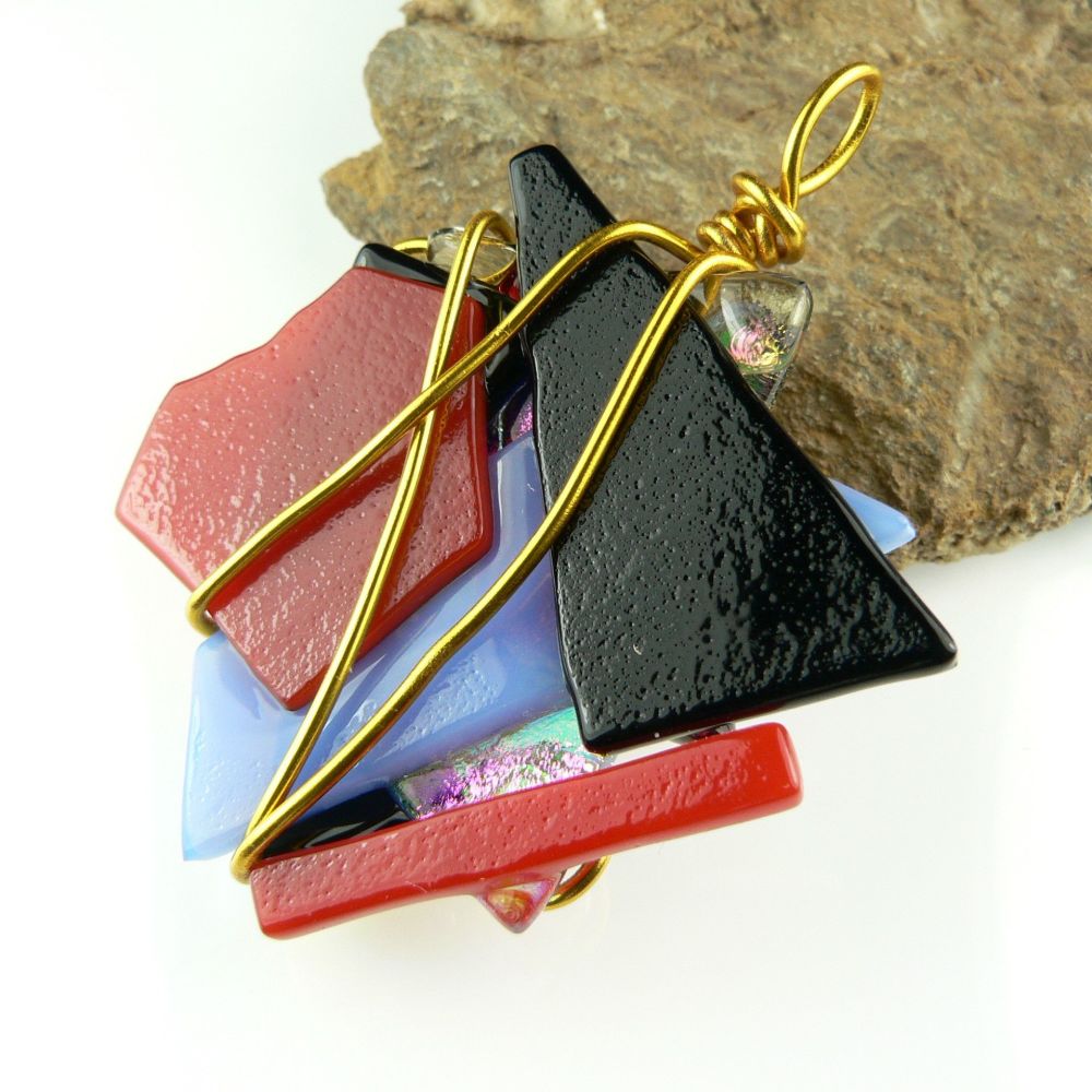 5.1cm multi-coloured textured & wire wrapped Dichroic glass pendant, with leather cord & gift box (#30440)