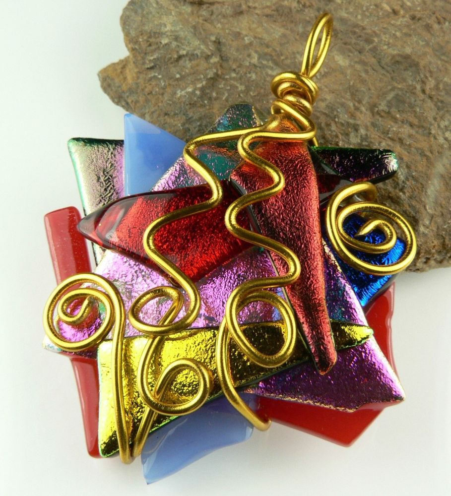 multi-coloured wire wrapped dichroic glass pendant