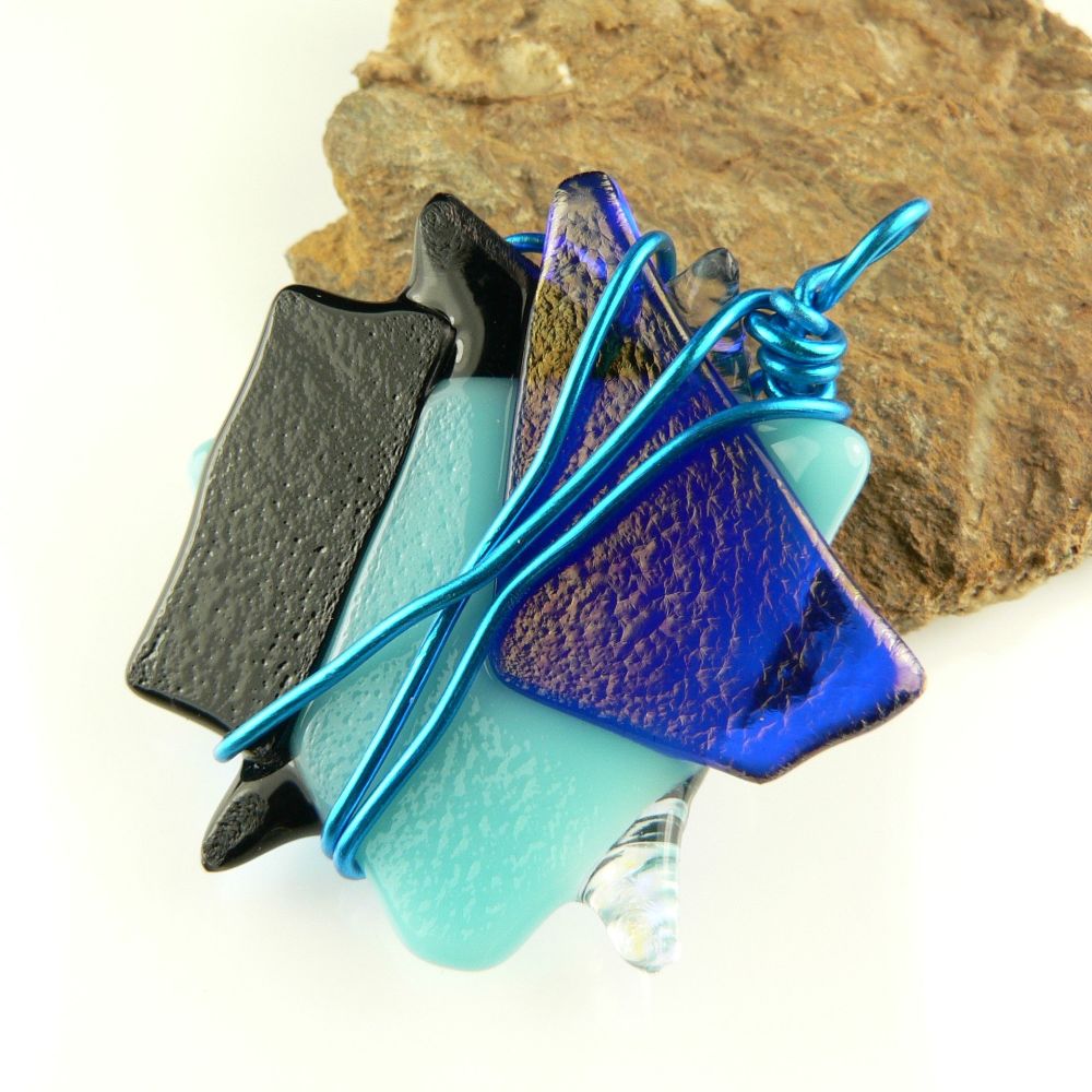 4.6cm blue textured & wired Dichroic glass pendant, with leather cord & gift box (#30464)