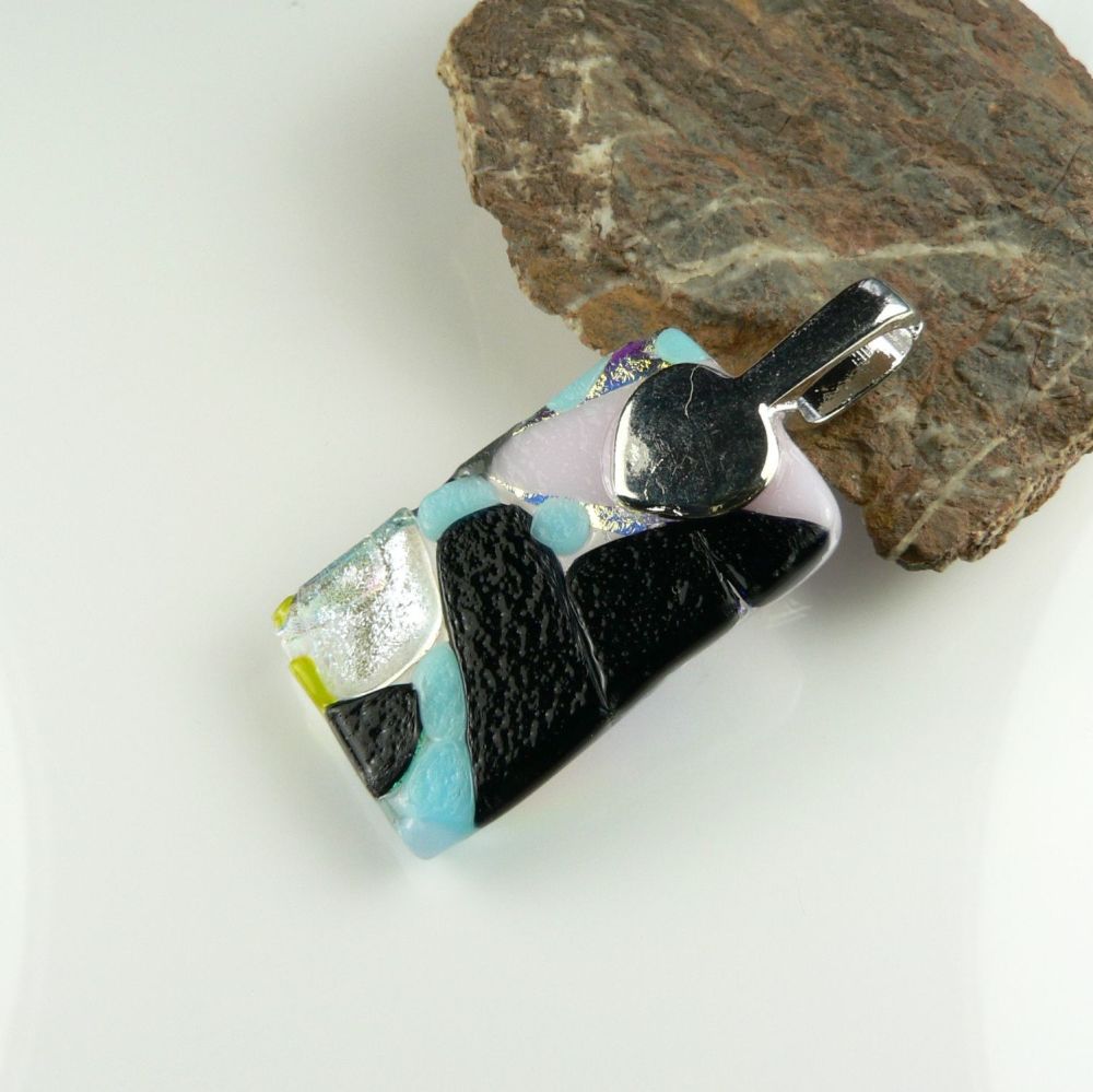 4.3cm multi-coloured Dichroic glass pendant, with leather cord & gift box (#8886)