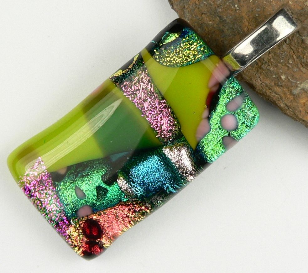 4.2cm multi-coloured Dichroic glass pendant, with leather cord & gift box (#9600)