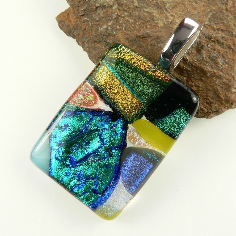 4.1cm multi-coloured Dichroic glass pendant, with leather cord & gift box (#8955)