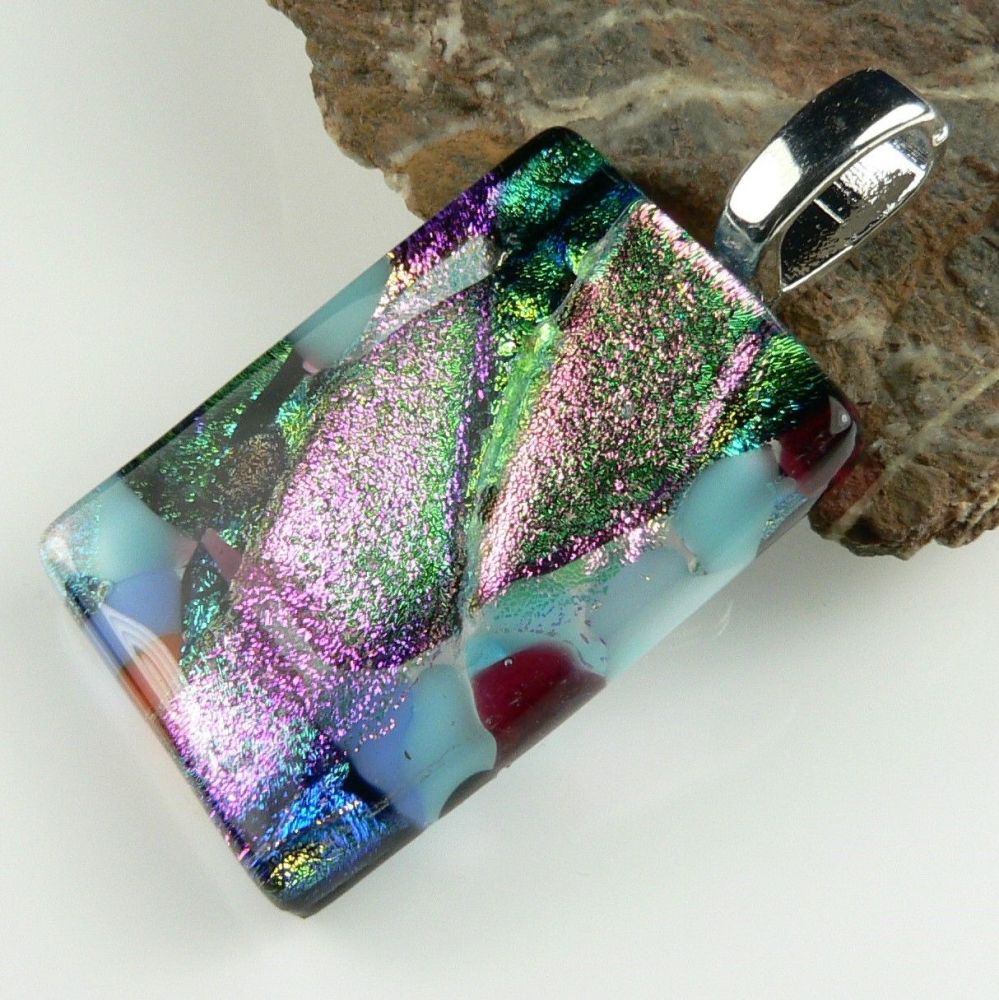 4.1cm multi-coloured Dichroic glass pendant, with leather cord & gift box (#8901)