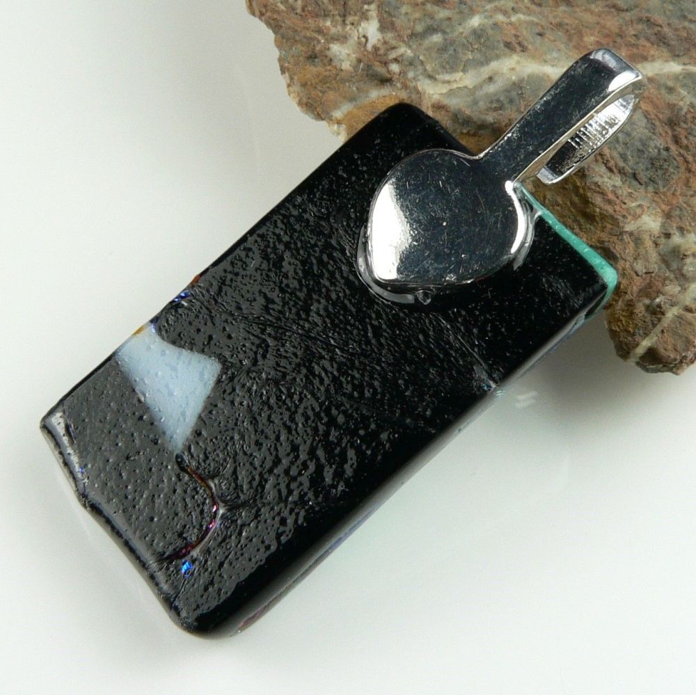 4.4cm multi-coloured Dichroic glass pendant, with leather cord & gift box (#9027)