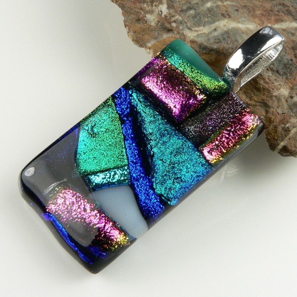 4.4cm multi-coloured Dichroic glass pendant, with leather cord & gift box (#9027)