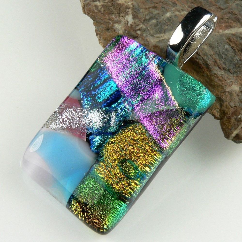 4.1cm multi-coloured Dichroic glass pendant, with leather cord & gift box (#8913)