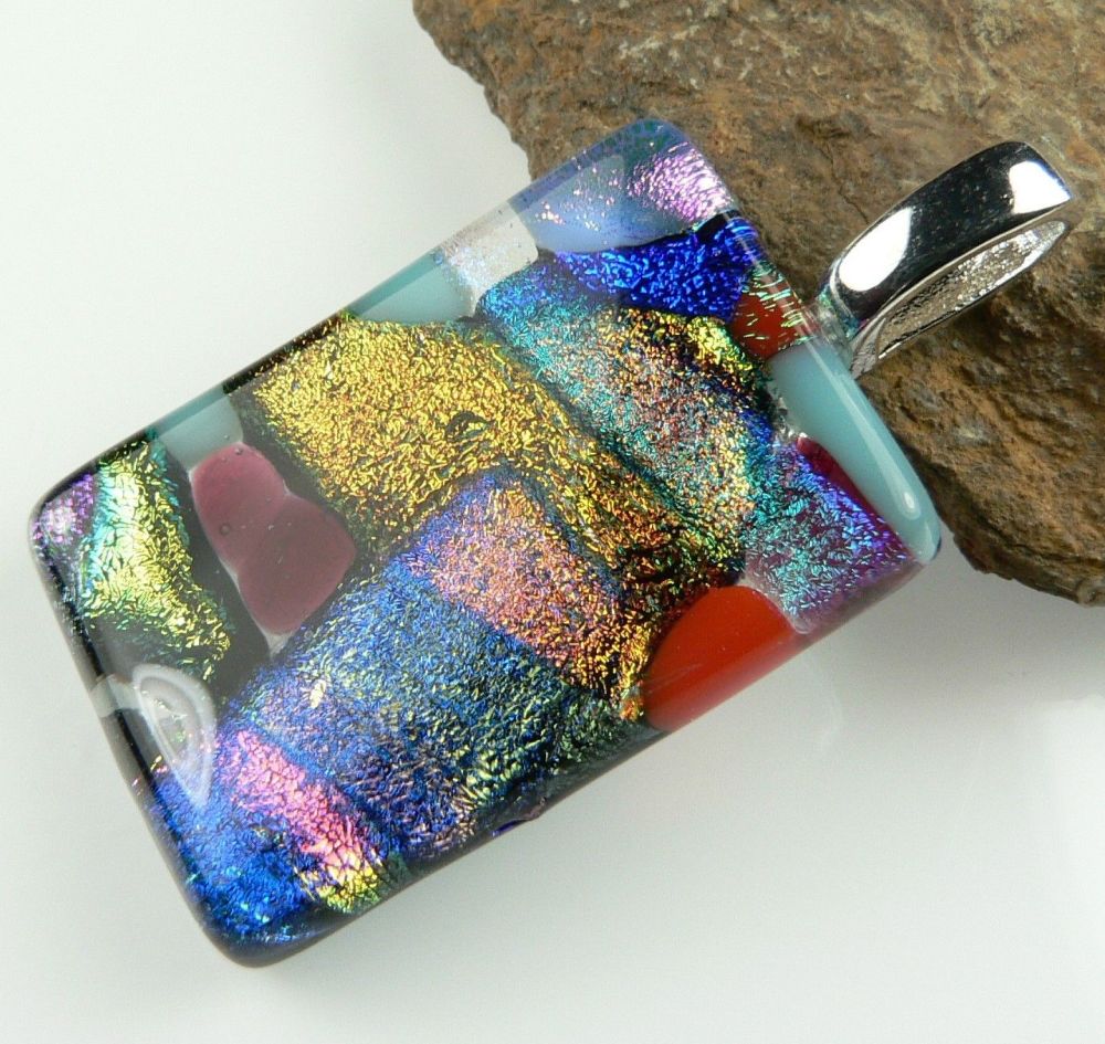 4.1cm multi-coloured Dichroic glass pendant, with leather cord & gift box (#8939)