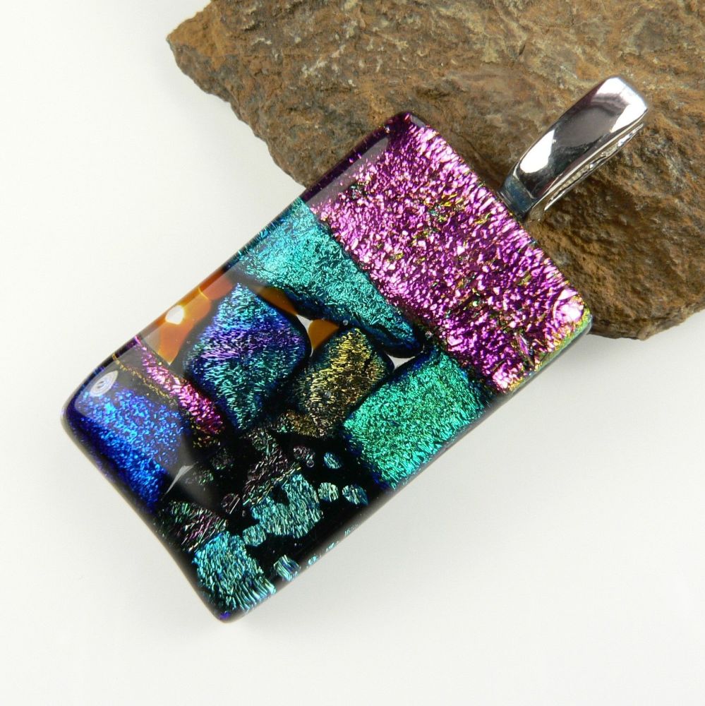 4.2cm multi-coloured Dichroic glass pendant, with leather cord & gift box (#8981)