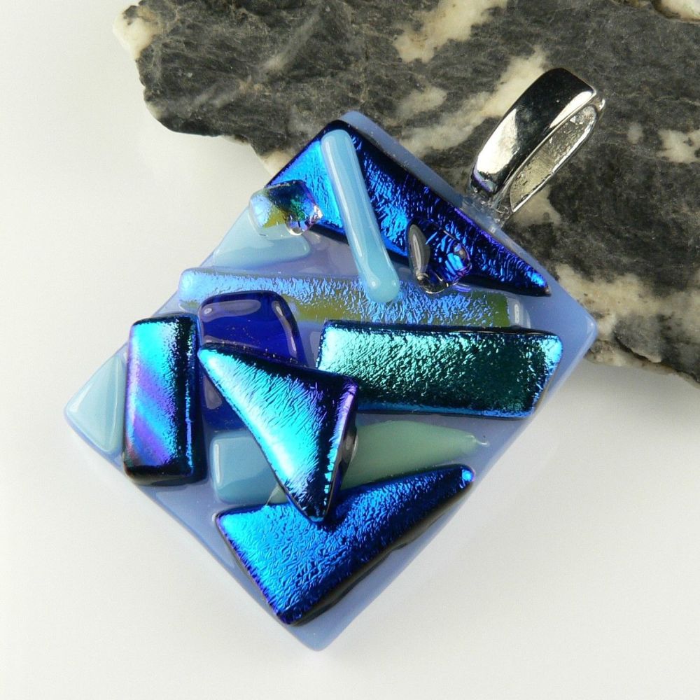 blue textured dichroic glass pendant