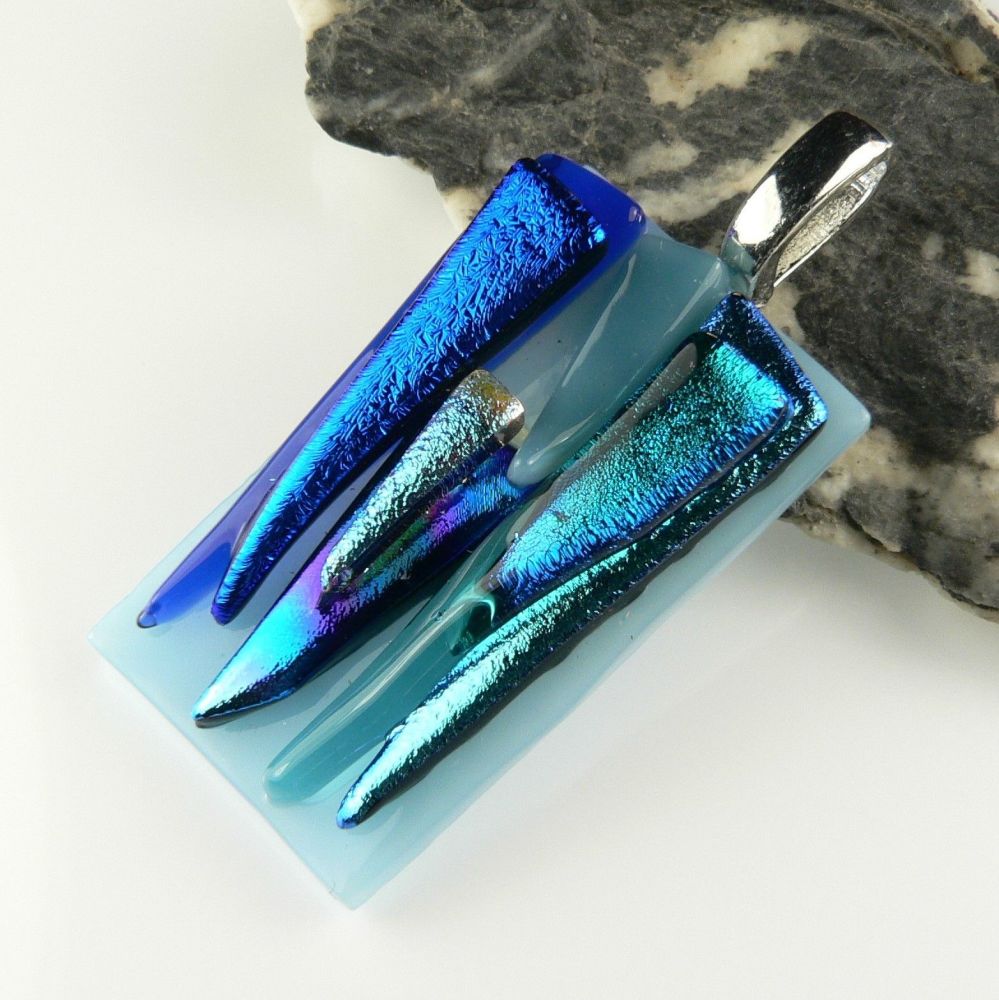 blue textured dichroic glass pendant