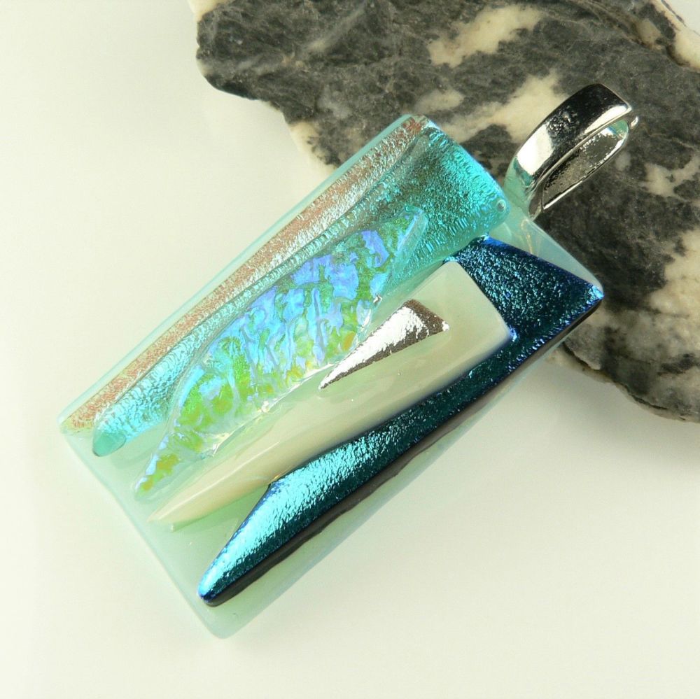 4.7cm blue textured Dichroic glass pendant, with leather cord & gift box (#30182)