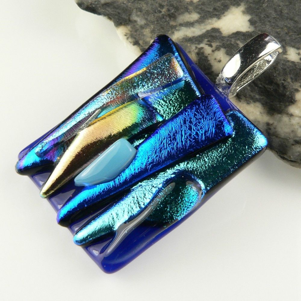 blue textured dichroic glass pendant