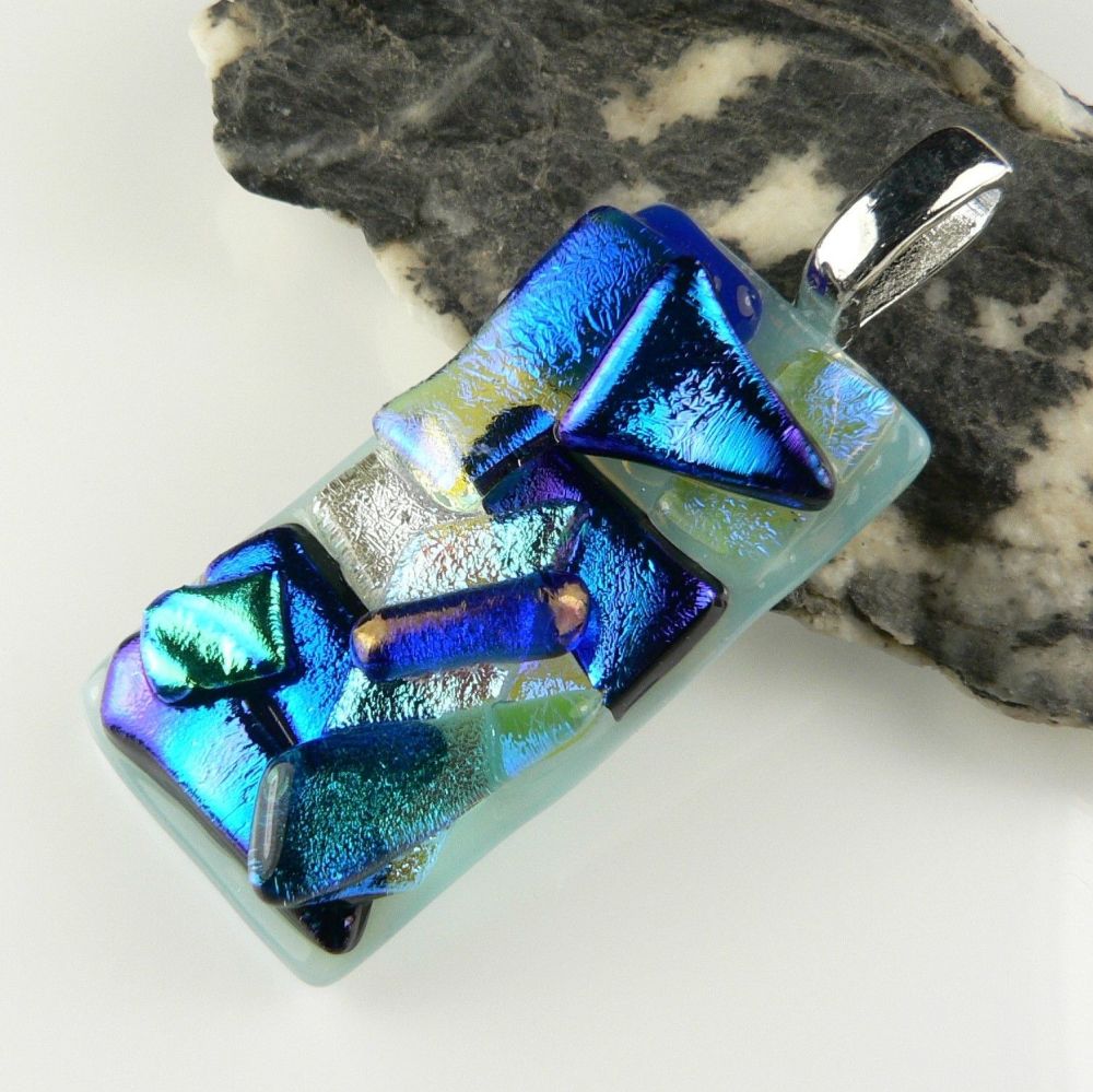 4.6cm blue textured Dichroic glass pendant, with leather cord & gift box (#30299)