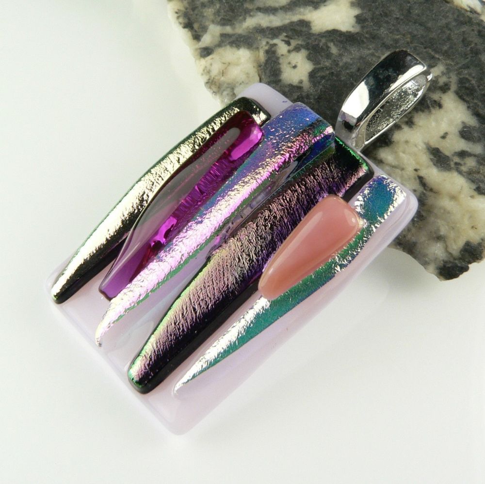 4.2cm pink textured Dichroic glass pendant, with leather cord & gift box (#30159)