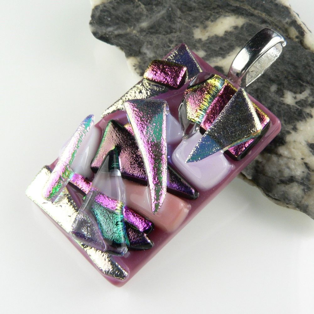 4.6cm pink textured Dichroic glass pendant, with leather cord & gift box (#30178)