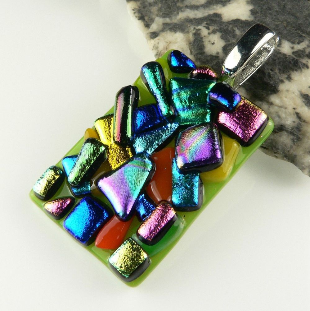 4.3cm multi-coloured textured Dichroic glass pendant, with leather cord & gift box (#30024)