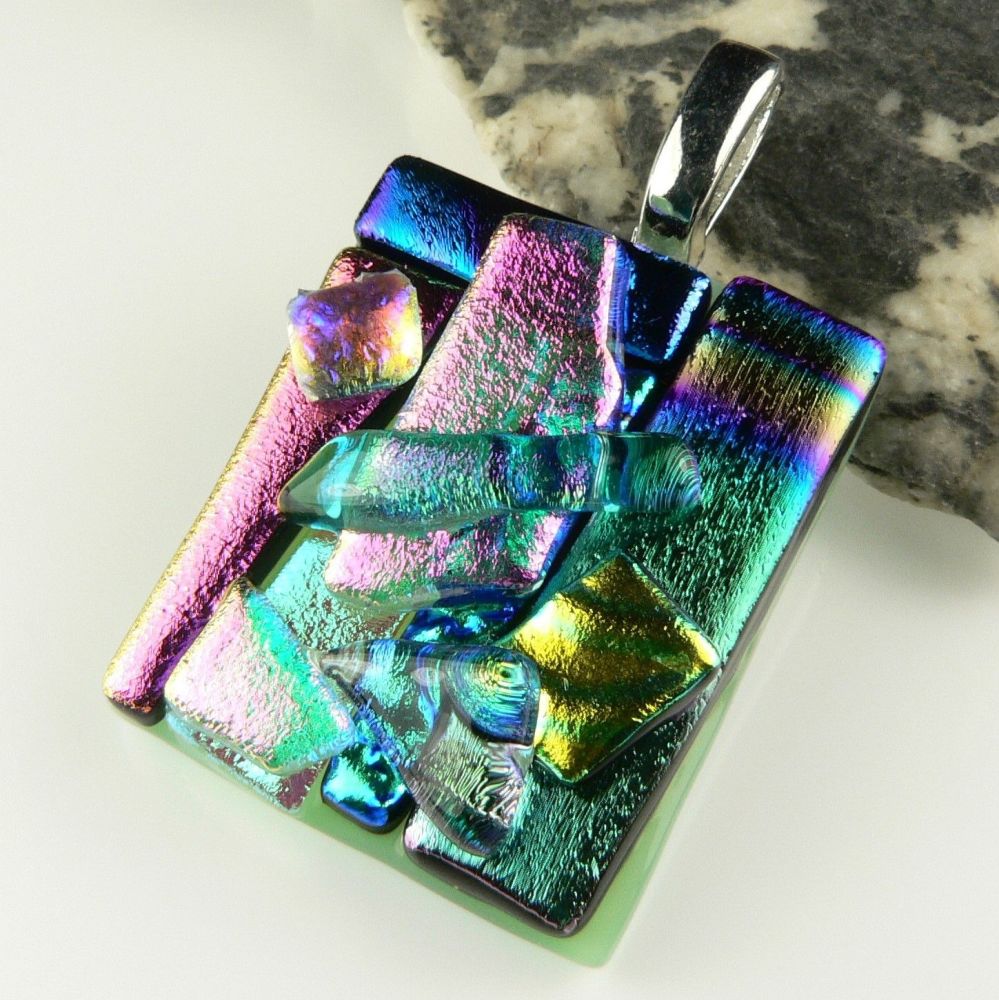 4.1cm multi-coloured textured Dichroic glass pendant, with leather cord & gift box (#30017)