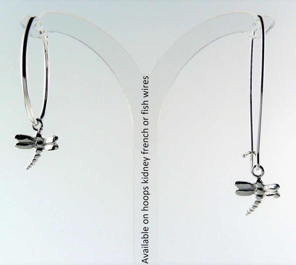 10mm dragonfly sterling silver earrings, on either hoop, kidney, fish or french wires, in a gift box