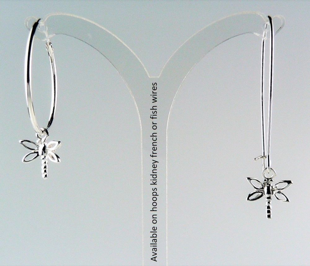 10mm open dragonfly charm sterling silver earrings, on either hoop, kidney, french or fish wires, in a gift box