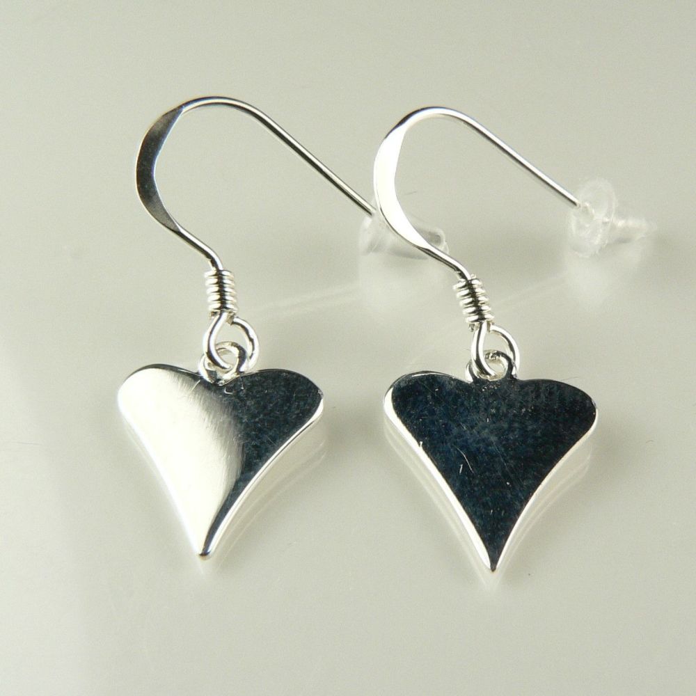 11mm quirky flat heart charm sterling silver earrings, on either kidney, french or fish wires, in a gift box