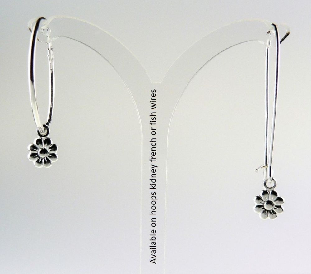 6mm double-sided flower charm sterling silver earrings, on either hoop, kidney, french or fish wires, in a gift box