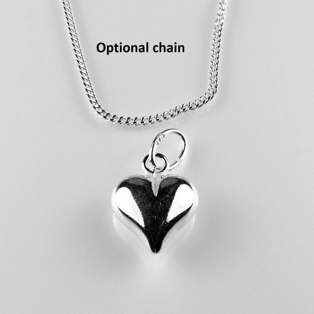 Sterling silver 9mm puffed heart pendant, with/out 16" or 18" fine curb chain, in a gift box, with silver polishing cloth