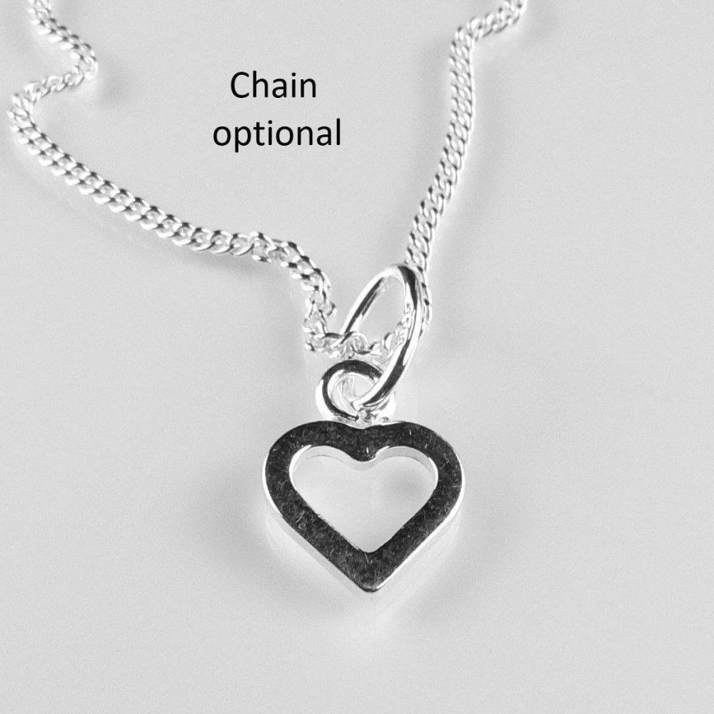 Sterling silver 9mm open heart pendant, with/out 16" or 18" fine curb chain, in a gift box, with silver polishing cloth