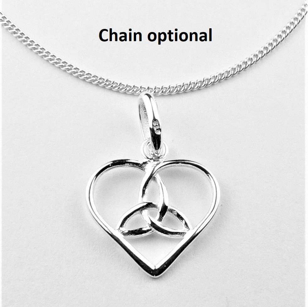 Sterling silver 14mm Trefoil heart pendant, with/out 16" or 18" fine curb chain, in a gift box