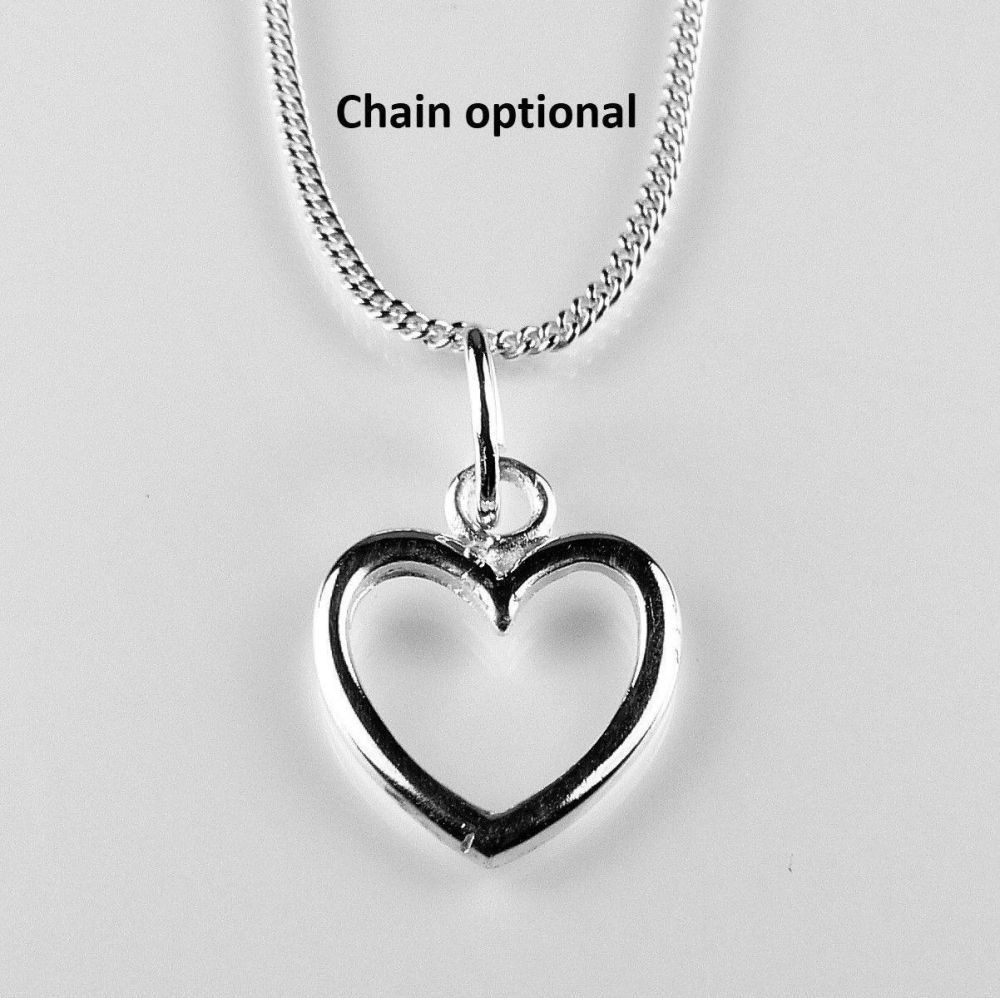 Sterling silver 12mm open heart pendant, with/out 16" or 18" fine curb chain, in a gift box