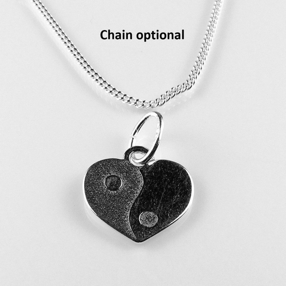 Sterling silver 11mm yin yang heart pendant, with/out 16" or 18" fine curb chain, in a gift box